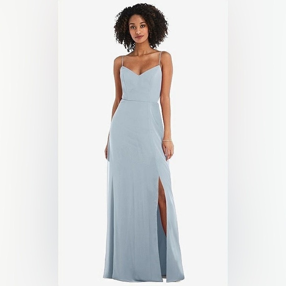 NWT Dessy Collection Tie-Back Cutout Maxi Dress, Front Leg Slit in Mist, Size 4R - Picture 2 of 16